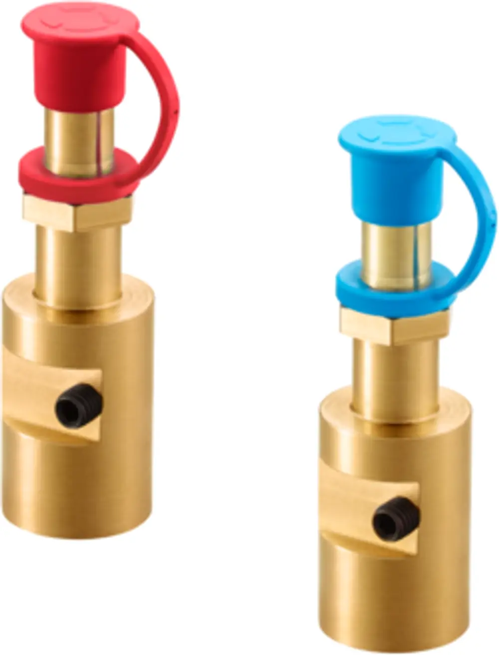 Zwei OVENTROP-Verlängerungen HydroPort, eine mit roter Kappe, die andere mit blauer Kappe.